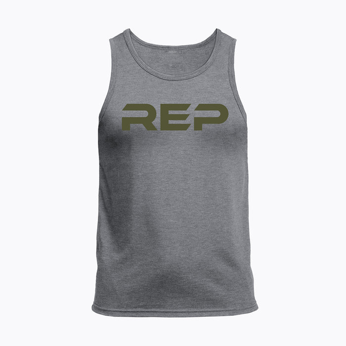 The REP Fitness Men's Daily Driver Tri-Blend Tank in Heather Aluminum/Olive front