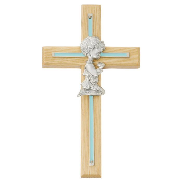 Cross - 7in Oak with Blue Baby Boy Praying Cross Boxed
