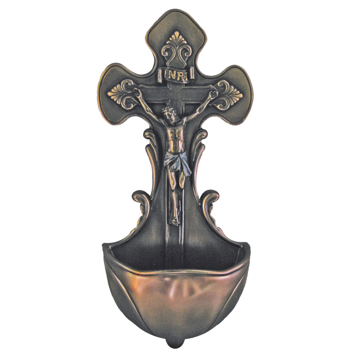 Crucifixion Holy Water Font – 7.5" | Cold-Cast Bronze | Goldscheider Veronese