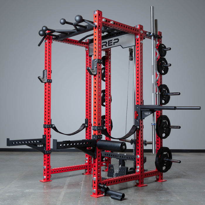 The REP Fitness Dip Station for the 5000 series on a full rack setup