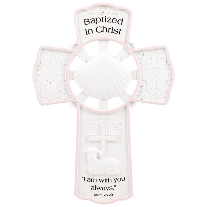 Girl Baptism Wall Cross Pink and White 7.75"H