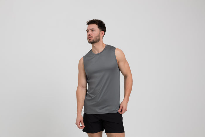 The REP Fitness Men's Solis Muscle Tee in Cool Gray front, 3/4 angle