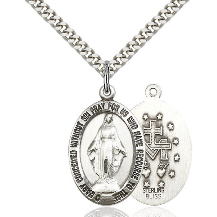 Miraculous Medal Necklace Sterling Silver 24"