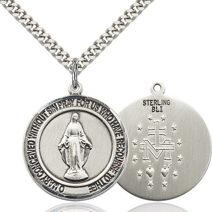 Miraculous Medal Necklace Sterling Silver 24"