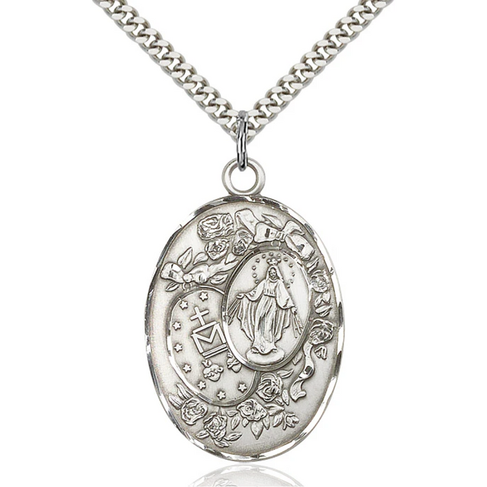 Miraculous Medal Necklace Sterling Silver 24"