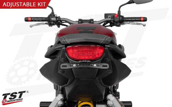 The TST Adjustable Elite-1 Fender Eliminator features a CNC machined aluminum license plate bracket.