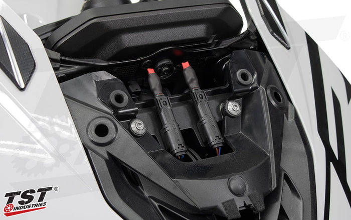 TST Front Turn Signal Delete Plugs installed on the 2020+ BMW S1000RR.