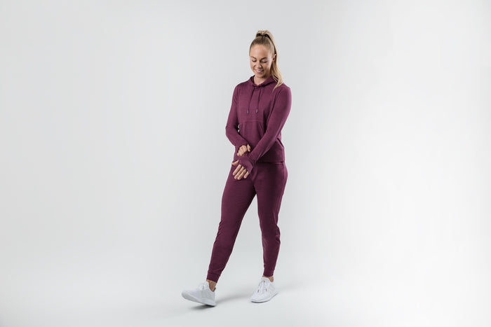 The REP Fitness Women's Vellus Hoodie in Heather Wine front