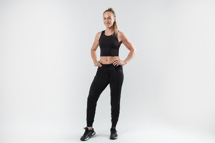 The REP Fitness Women's Vellus Joggers in Heather Black front, full body