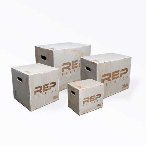 All four REP 3-in-1 Wood Plyo Box Options: small, in-between, medium, and large.