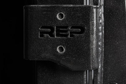 Close-up shot of the laser-cut branding on the REP Fitness Altitude™ J-Cups