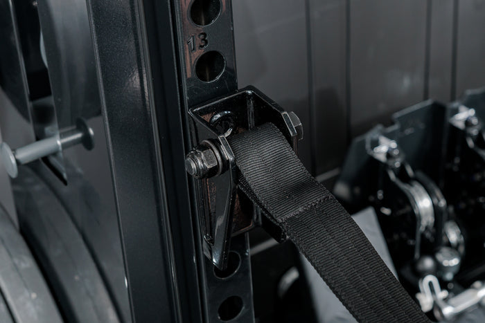 Close-up shot of the REP Fitness Altitude™ Power Rack Strap Safeties on the uprights