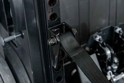 Close-up shot of the REP Fitness Altitude™ Power Rack Strap Safeties on the uprights
