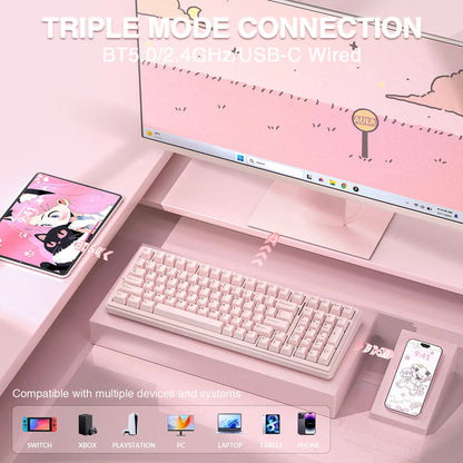 [Silent] AULA F99 Wireless Mechanical Silent Keyboard with Numpad Tri-Mode Bt5.0/2.4Ghz/Usb-C Gasket Hot Swappable RGB Backlit Pre-Lubed Linear Switch Creamy Gaming Keyboard Light Pink