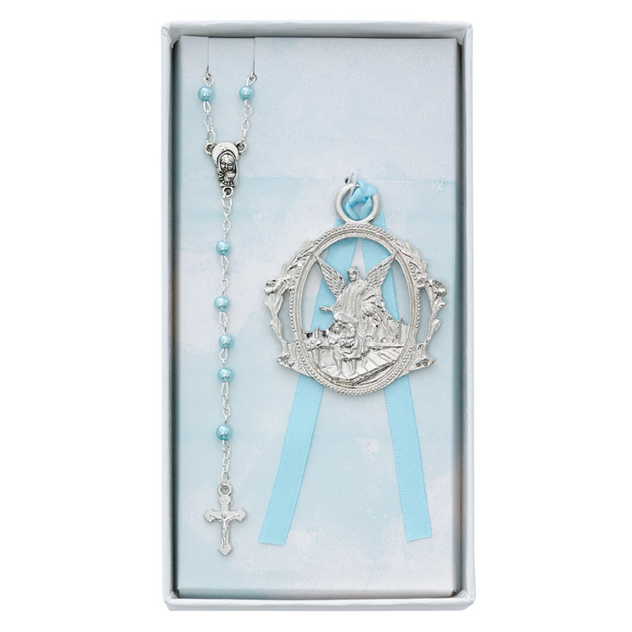 Baby Set - Angel Crib Medal and Blue Rosary Set Boxed