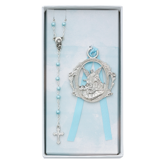 Baby Set - Angel Crib Medal and Blue Rosary Set Boxed