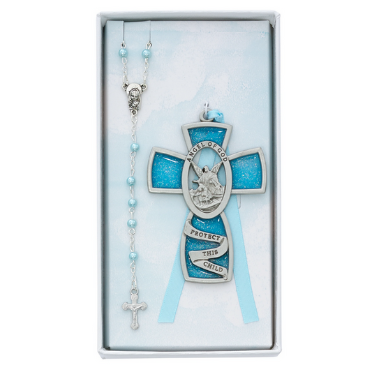 Baby Set - Blue Crib Cross and Pink Rosary Set Boxed