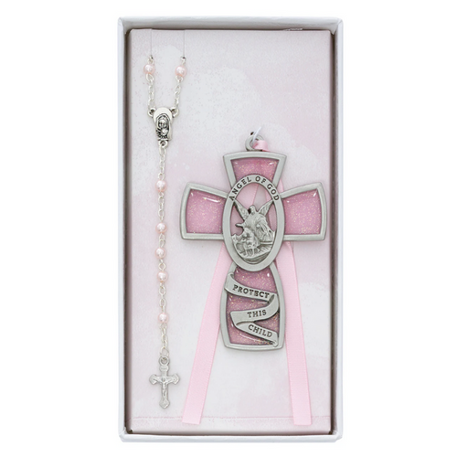 Baby Set - Pink Crib Cross and Pink Rosary Set, Boxed