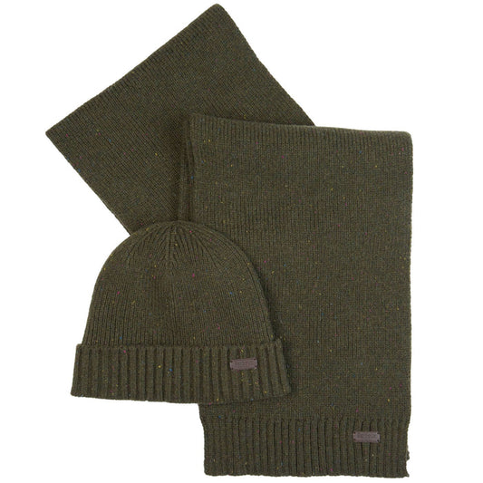 Barbour Carlton Fleck Beanie & Scarf Gift Set - Olive