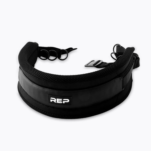 Black weightlifting belt squat belt with 'REP' branding on a white background