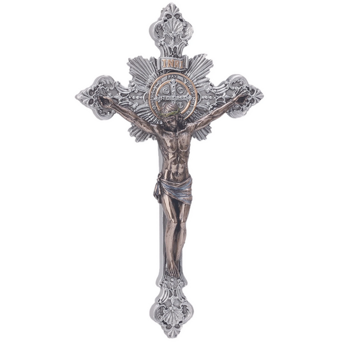 Benedictine Crucifix – 14" | Pewter Cross with Bronze Corpus | Goldscheider Veronese