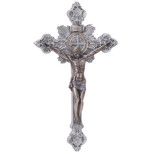 Benedictine Crucifix – 14" | Pewter Cross with Bronze Corpus | Goldscheider Veronese