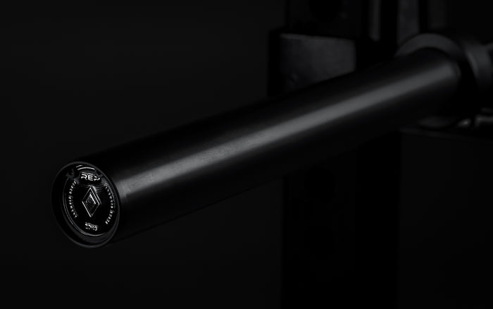 Close-up view of the sleeve of a racked Black Cerakote Black Diamond Power Bar.