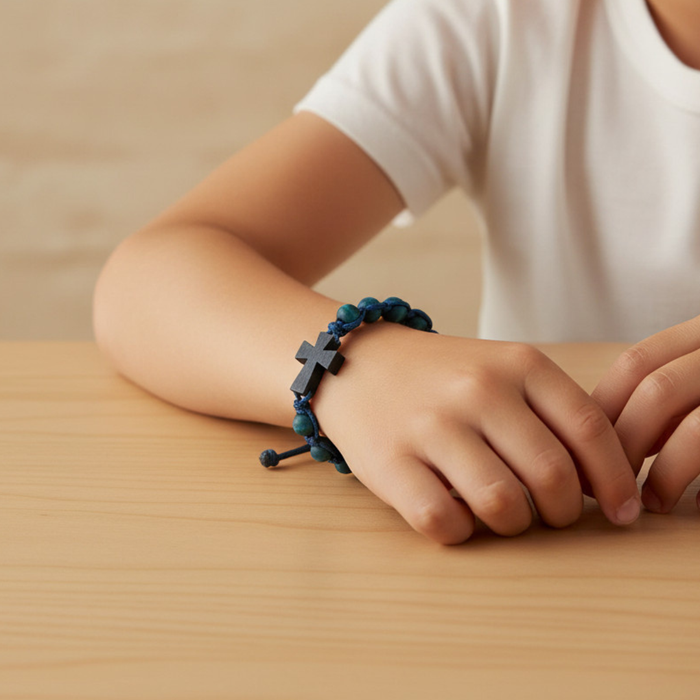 Blue Wood Adjustable Cross Bracelet | First Communion Gift