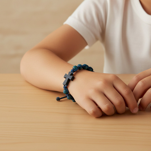 Blue Wood Adjustable Cross Bracelet | First Communion Gift