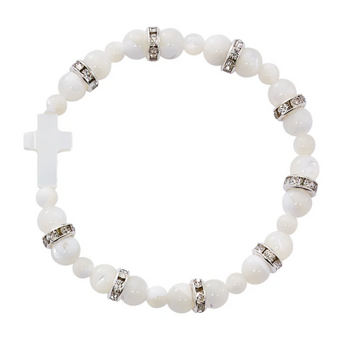 Bracelet - Youth Mother of Pearl Stretch Cross Bracelet Carded