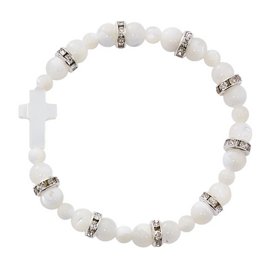 Bracelet - Youth Mother of Pearl Stretch Cross Bracelet Carded
