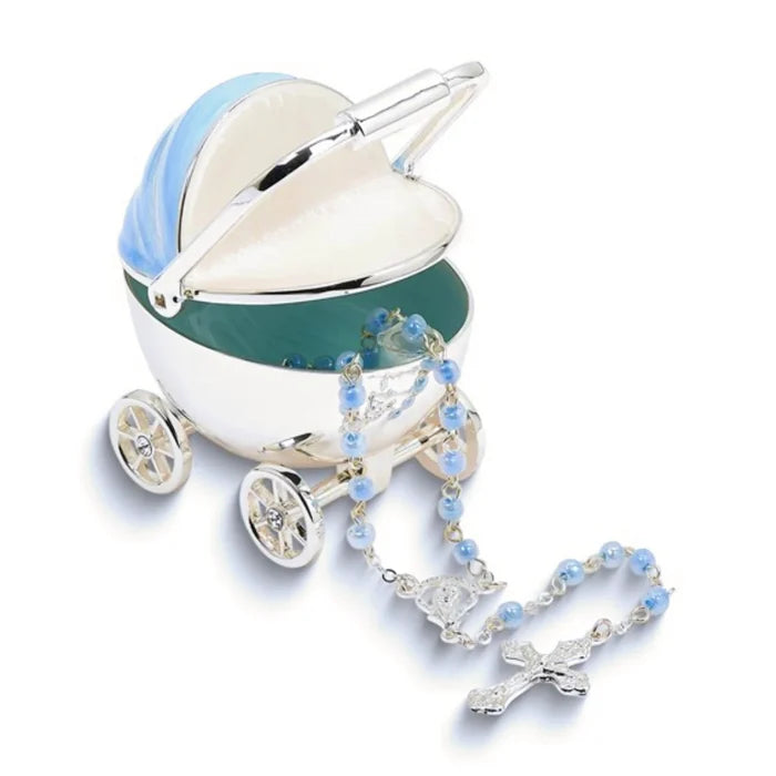 Carriage Keepsake Box with Rosary Blue 2.75"H