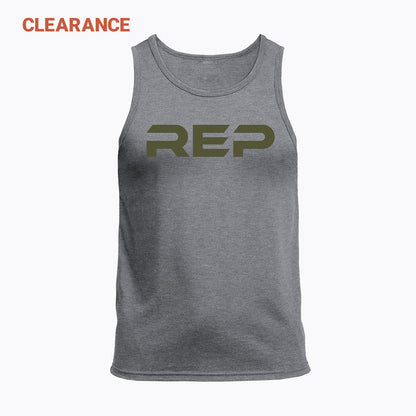 The REP Fitness Men's Daily Driver Tri-Blend Tank in Heather Aluminum/Olive front