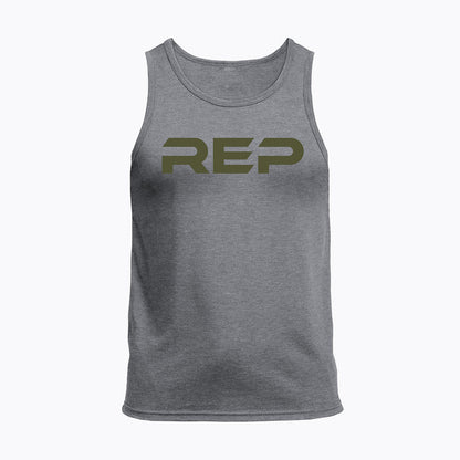 The REP Fitness Men's Daily Driver Tri-Blend Tank in Heather Aluminum/Olive front