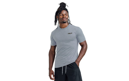 The REP Fitness Men's Engineered Tri-Blend Crew T-Shirt in Heather Flint/Brown front