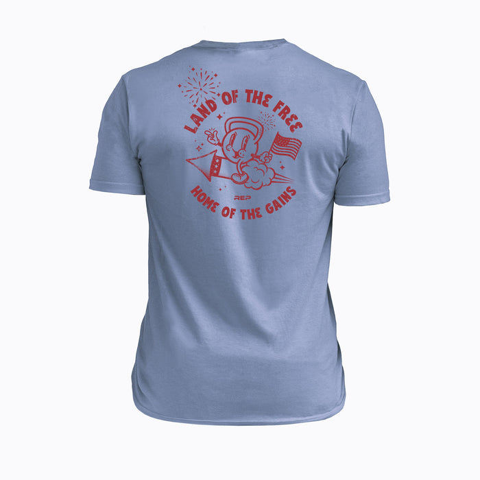 The REP Fitness Men's Liberty Bell Tri-Blend Crew T-Shirt in Heather Blue/Red back