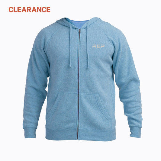 The REP Fitness Unisex Zip Hoodie in Heather Light Blue/Silver front
