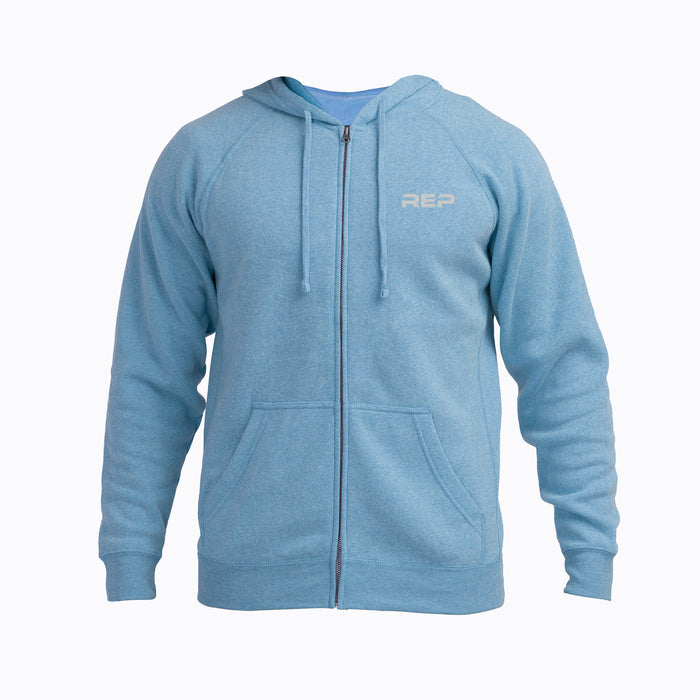 The REP Fitness Unisex Zip Hoodie in Heather Light Blue/Silver front