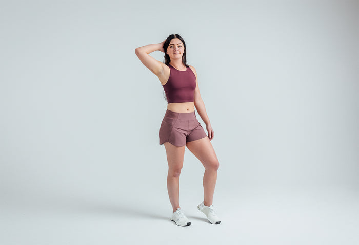The REP Fitness Women's Artemis Shorts in Mauve front, full body