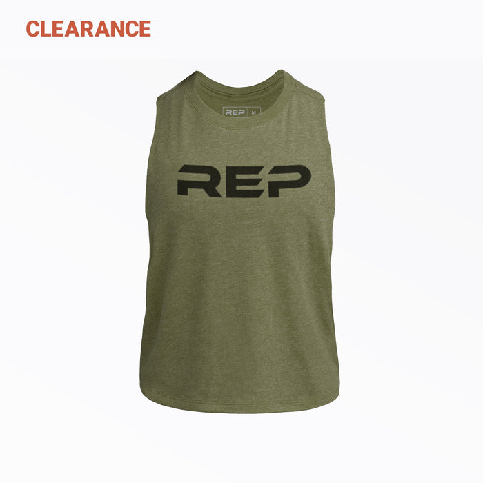 The REP Fitness Women's Daily Driver Cropped Dual-Blend Tank in Heather Olive/Black front