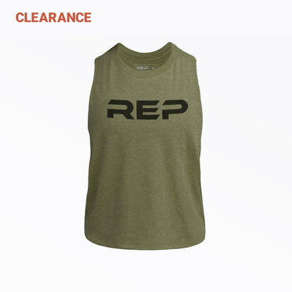 The REP Fitness Women's Daily Driver Cropped Dual-Blend Tank in Heather Olive/Black front