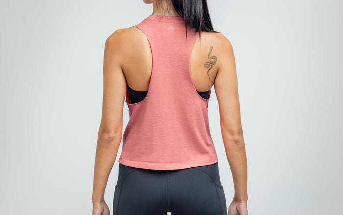 The REP Fitness Women's Daily Driver Cropped Dual-Blend Tank in Heather Mauve/Silver back