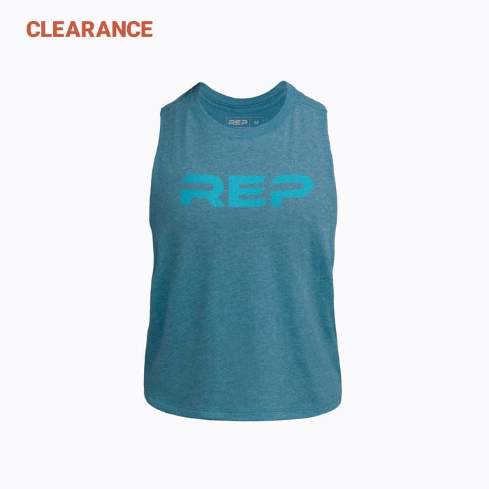 The REP Fitness Women's Daily Driver Cropped Dual-Blend Tank in Heather Teal/Teal front, flat lay