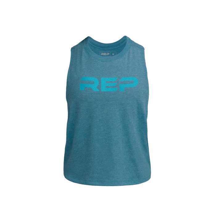 The REP Fitness Women's Daily Driver Cropped Dual-Blend Tank in Heather Teal/Teal front