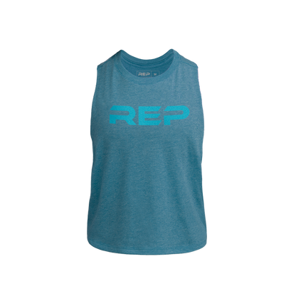 The REP Fitness Women's Daily Driver Cropped Dual-Blend Tank in Heather Teal/Teal front
