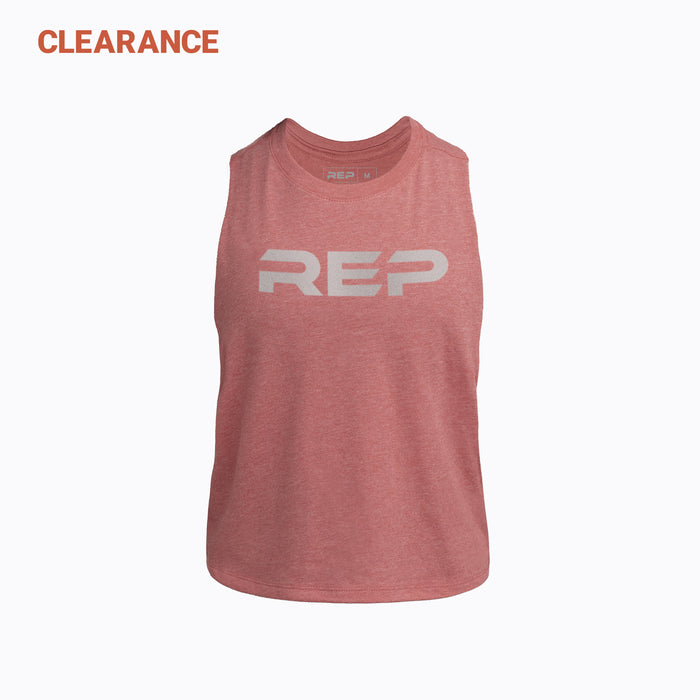 The REP Fitness Women's Daily Driver Cropped Dual-Blend Tank in Heather Mauve/Silver front in Clearance