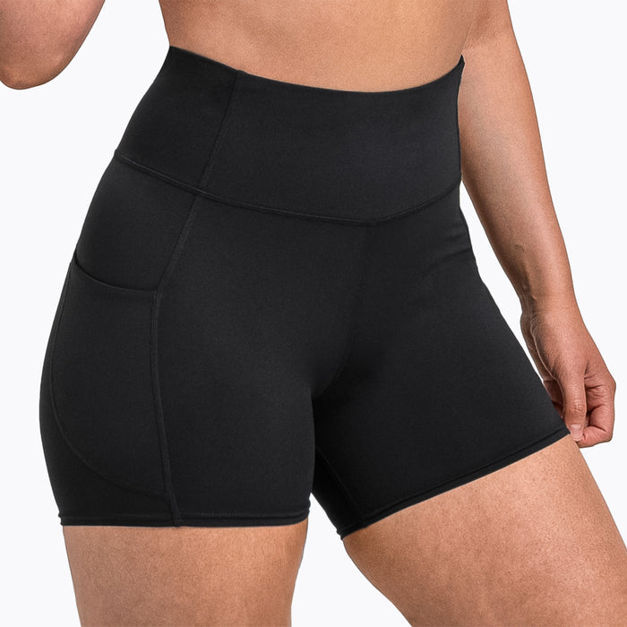 The REP Fitness Women's Forma Shorts in Black on body, hip-crop view