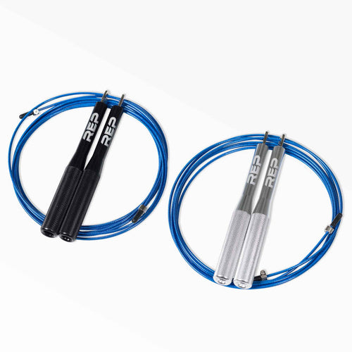 Competition Speed Rope with Black Handles and a Competition Speed Rope With Silver Handles