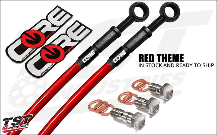 Customize your R3 with the Red Theme Core Moto Brake Lines.