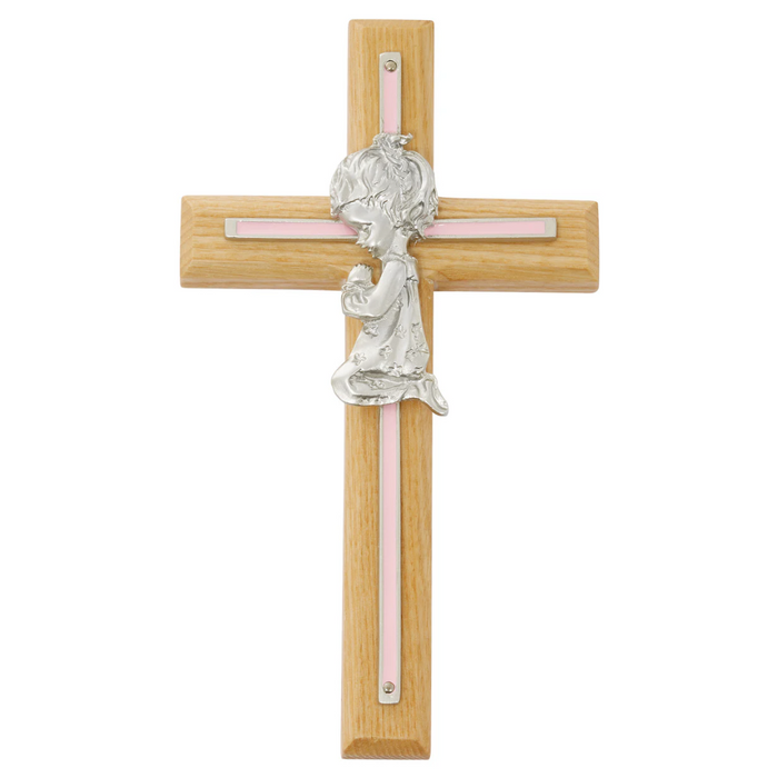 Cross - 7in Oak with Baby Pink Girl Praying Cross Boxed